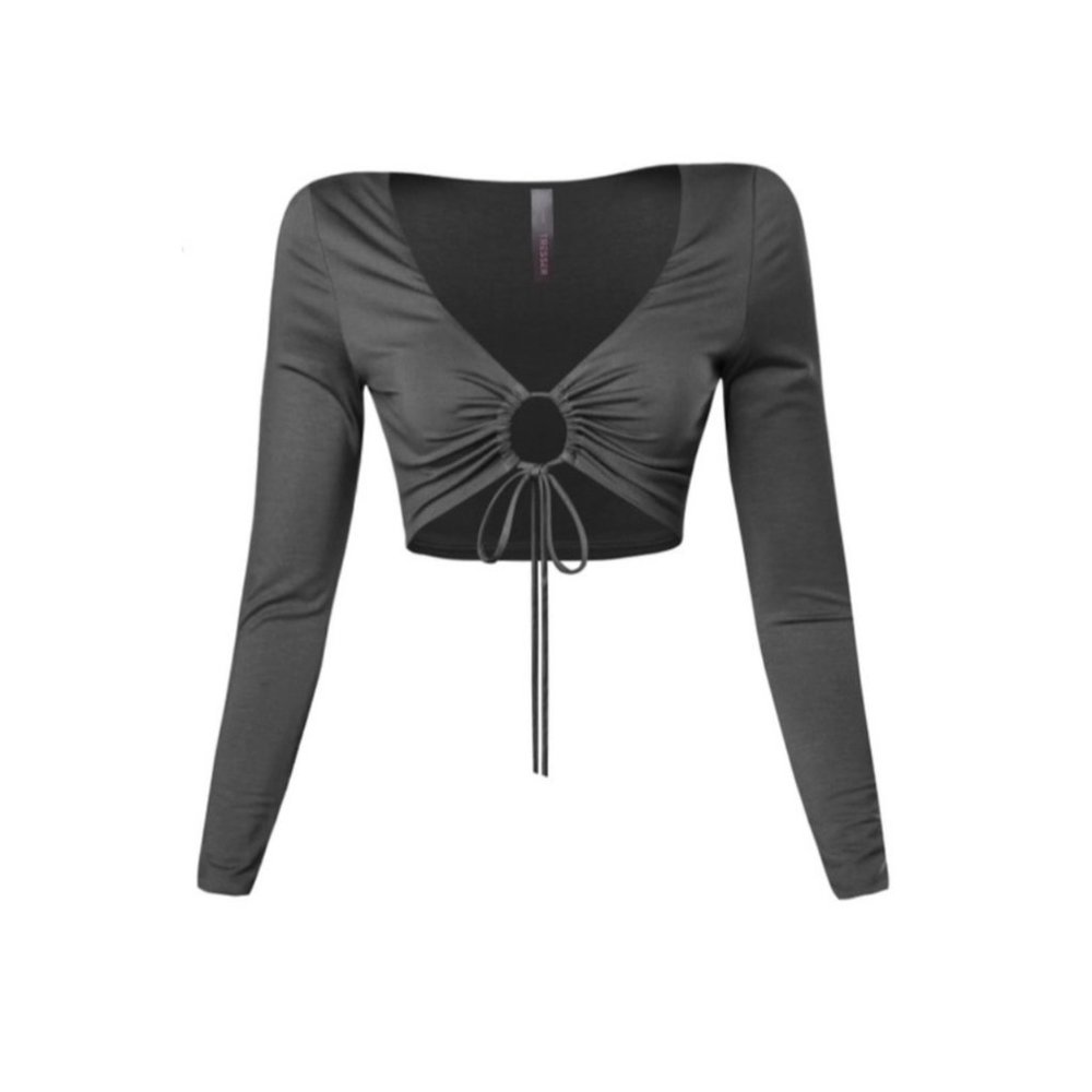 Tresser Long Sleeve Keyhole Cutout Tie Crop Top Black Size Medium NWT